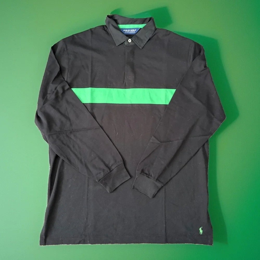 Polo Golf Ralph Lauren Long Sleeve Shirt Black Green Large Pima Cotton Peru 90s